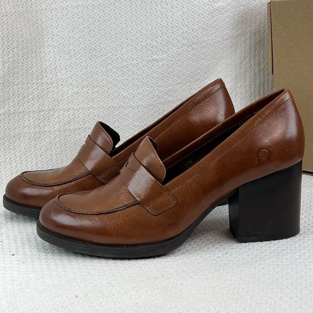 NWB Born Khelda Leather Penny Loafer Block Heel Cognac Women’s 8.5M New with Box - Picture 4 of 13